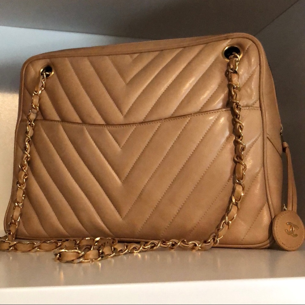 Vintage Chanel Camera Case Chevron Mademoiselle Quilted Beige Authentic Rare